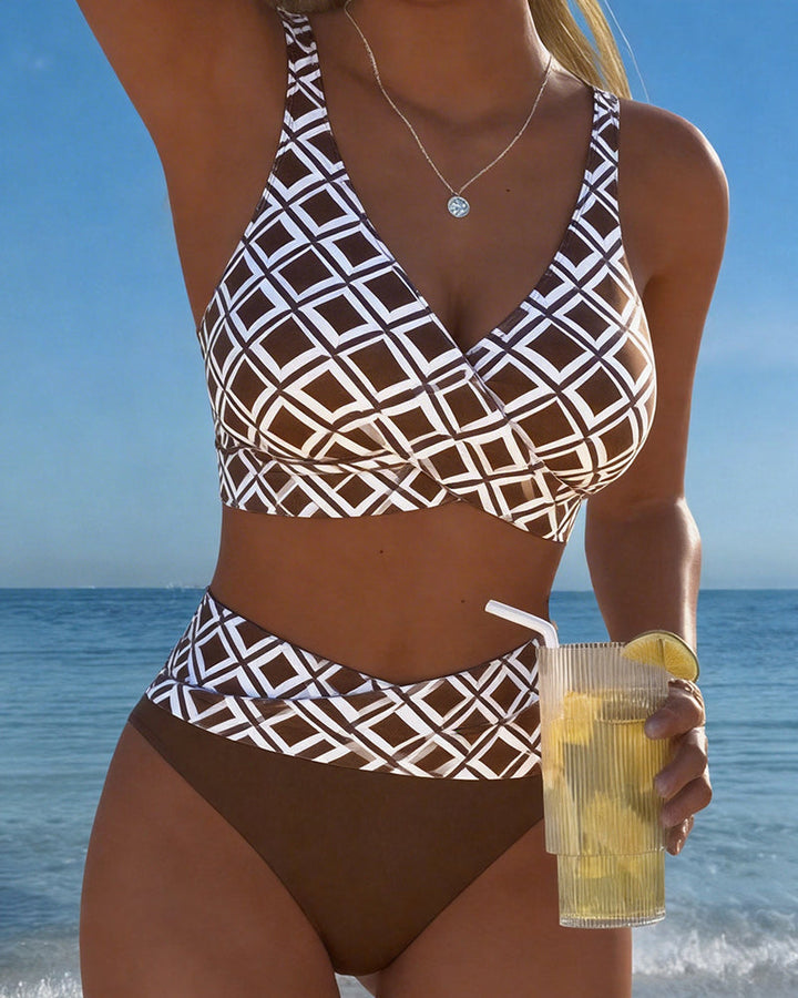 Two-Piece Bikini with Bra-Cut Top and Diamond Pattern