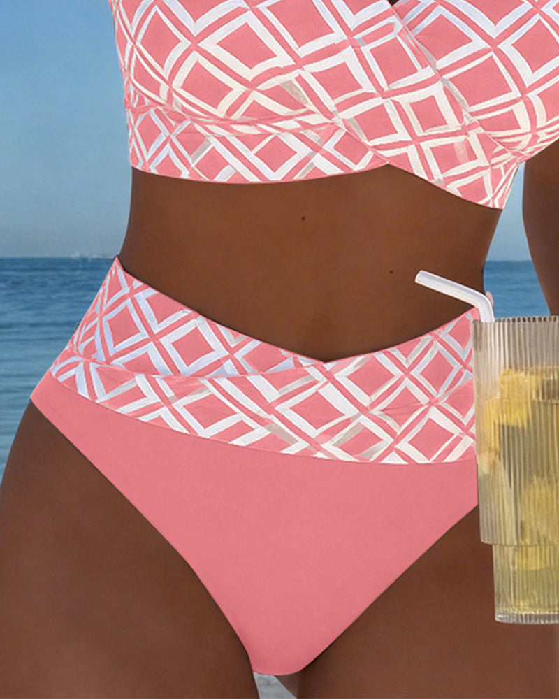 Two-Piece Bikini with Bra-Cut Top and Diamond Pattern
