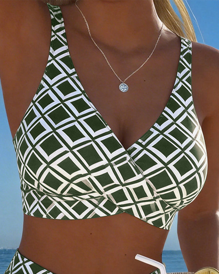 Two-Piece Bikini with Bra-Cut Top and Diamond Pattern