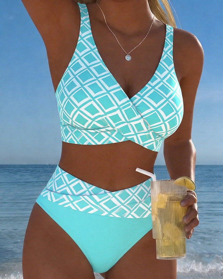 Two-Piece Bikini with Bra-Cut Top and Diamond Pattern