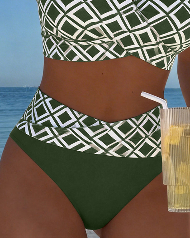 Two-Piece Bikini with Bra-Cut Top and Diamond Pattern