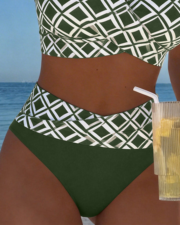 Two-Piece Bikini with Bra-Cut Top and Diamond Pattern