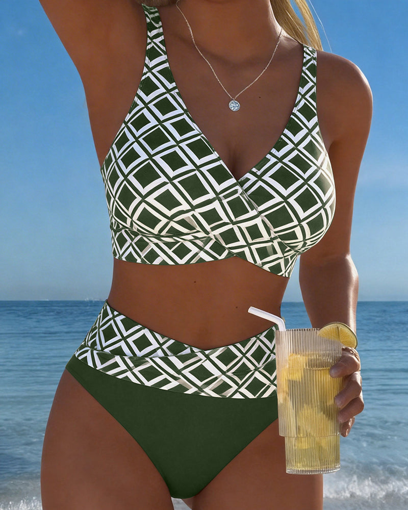 Two-Piece Bikini with Bra-Cut Top and Diamond Pattern