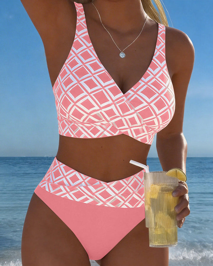 Two-Piece Bikini with Bra-Cut Top and Diamond Pattern