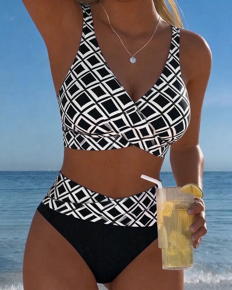 Two-Piece Bikini with Bra-Cut Top and Diamond Pattern